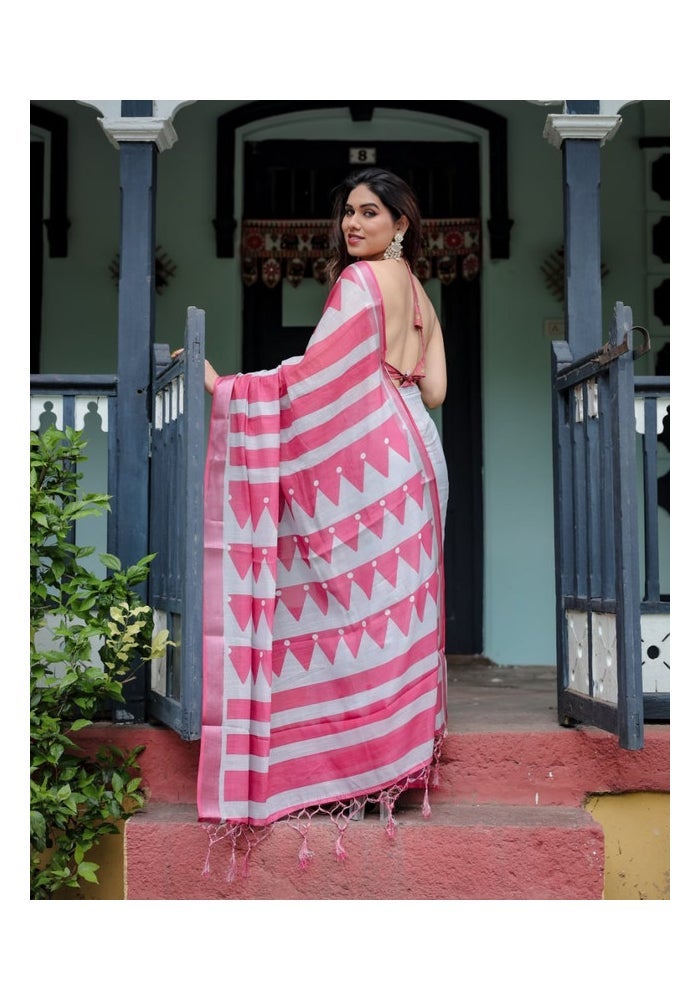 Malishka Export Grey Linen Cotton Graphic Pattern Saree for Women - Image 2